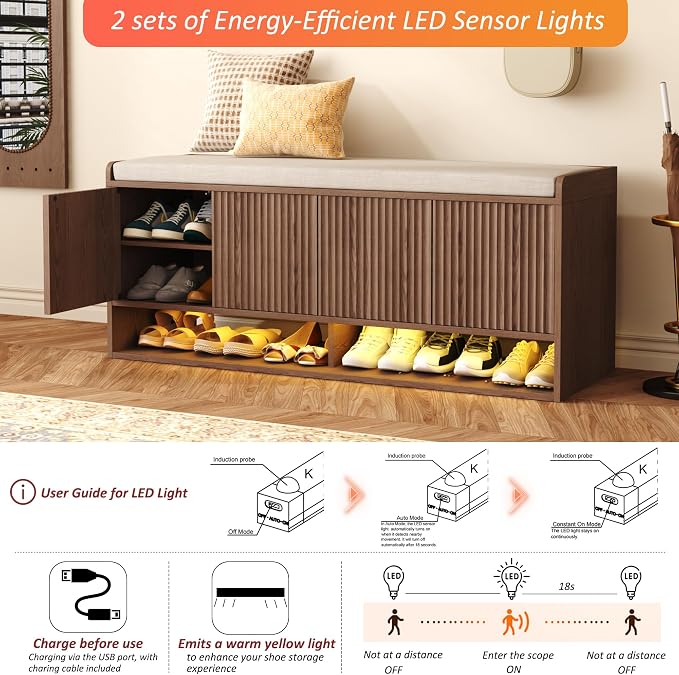 HOMEFORT 47.2" Fluted Shoe Storage Bench, Entryway Bench - Image 5