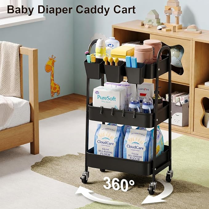 3 Tier Metal Rolling Cart with Lockable Wheels, Diaper Caddy - Image 4