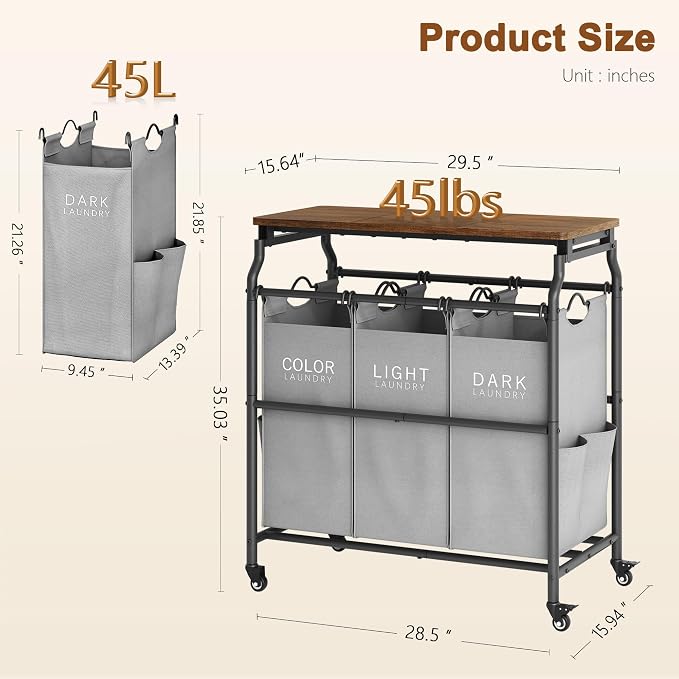 Hoctieon 3 Section Laundry Sorter Cart - Image 9