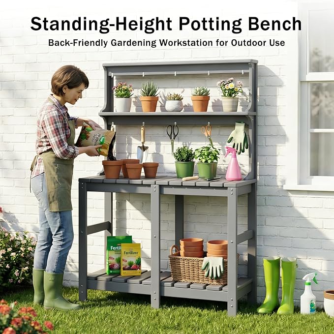 Outdoor Potting Bench with 3 Tier, All-Weather Patio Potting Table with Tool - Image 3