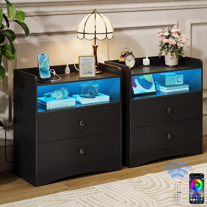 2 Pack Nightstand with Charging Station and LED Light, Modern Nightstand with by MEMOBARCO
