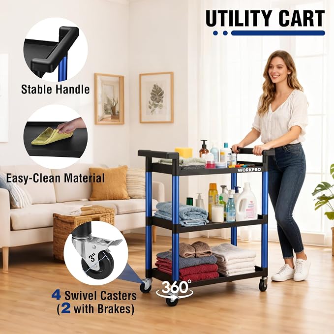 WORKPRO 3-Tier Service Utility Cart, 400LBS Plastic Rolling Cart - Image 2