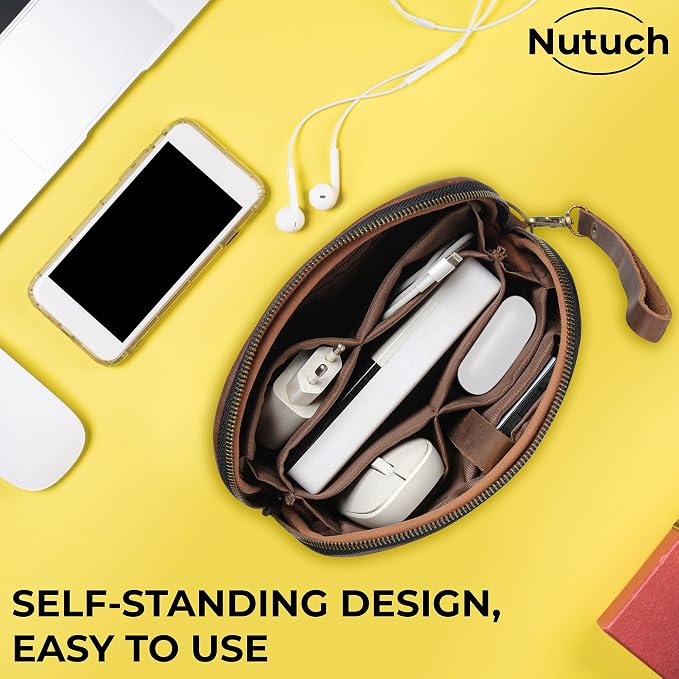 Leather Tech Pouch for Cables Chargers Phone | Tech Bag | Zipper Travel - Image 5