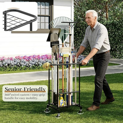 Garden Tool Organizer with Wheels, Heavy Duty Metal Garage Tool Storage Rack - Image 9