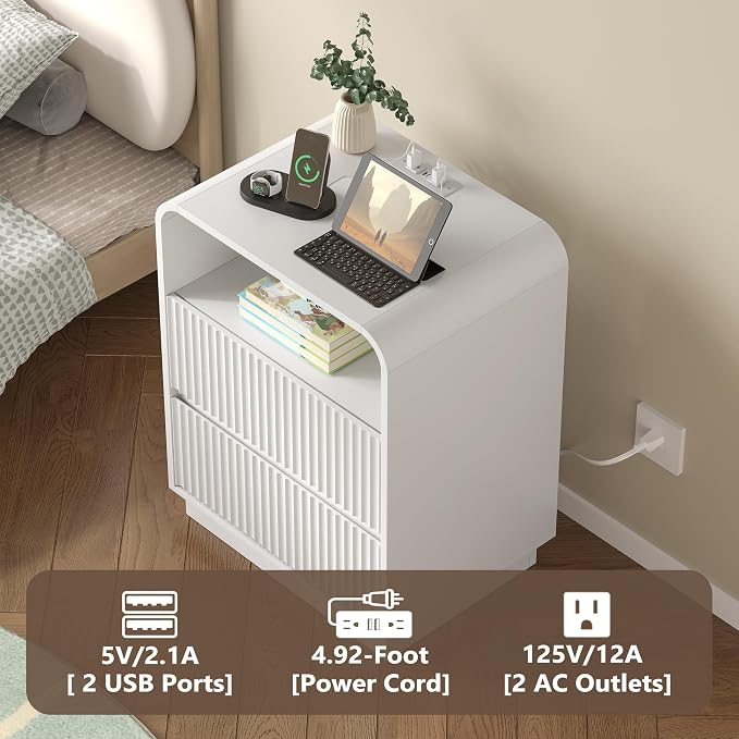 Dresser with 2 Drawers and Charging Station, Fluted Bedside Table with Round - Image 4