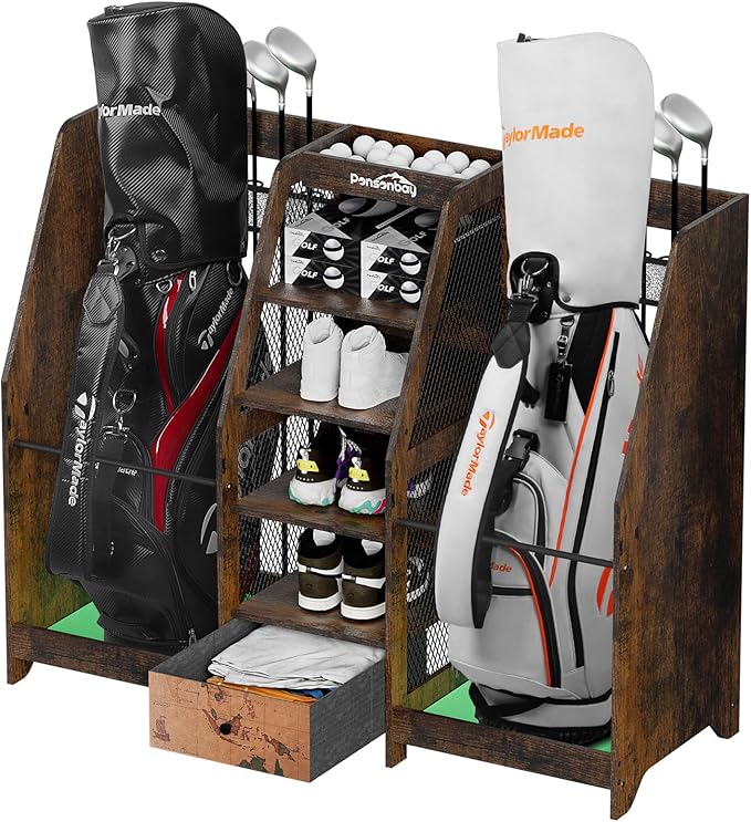 Golf Bag Storage Organizer for Garage, Premium Wooden 2 Golf Bags Rack by Ponsonbay