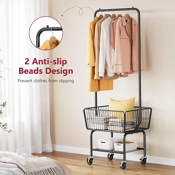 Tajsoon Laundry Cart with Hanging Rack, Metal Laundry Basket with Wheels - Image 5