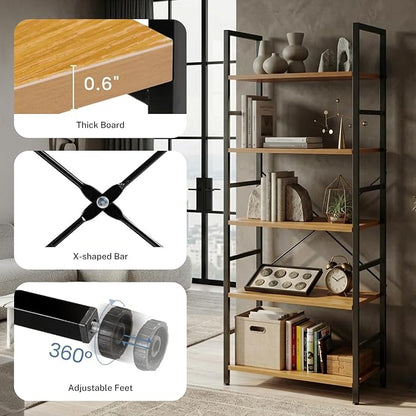 HealSmart 5 Tier Bookshelf, Free Standing Book Shelf Home Office Bookcase Shelf - Image 5
