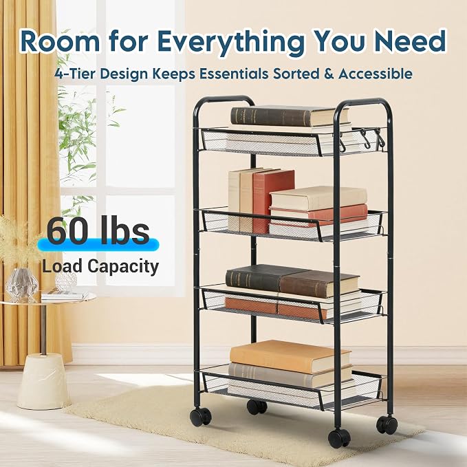 LOFTEY 4 Tier Rolling Storage Cart, Small Metal Utility Cart on Wheels - Image 3