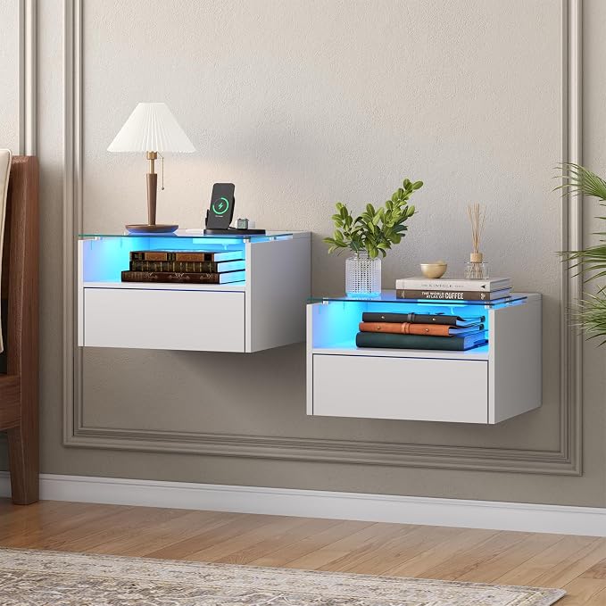 Loomie White Floating Nightstands Set of 2, 18.9” Bedside Table w/Charging by LOOMIEDirect