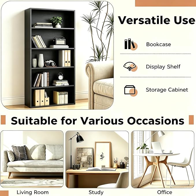 HealSmart 5 Tier Bookcase, Industrial 5 Book Shelf, 9.2" D x 23.8" W x 53" H - Image 6