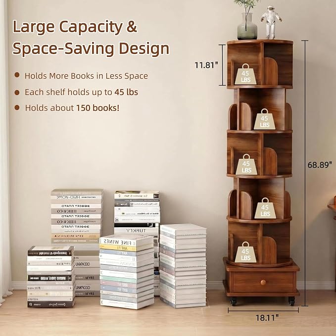 6-Tier Rotating Bookshelf with Storage Cabinet, Walnut Brown | Wood Construction - Image 5