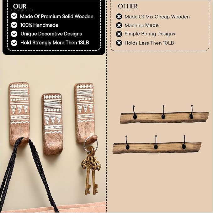 Indian Shelf 6 Wooden Adhesive Wall Hooks - Image 3