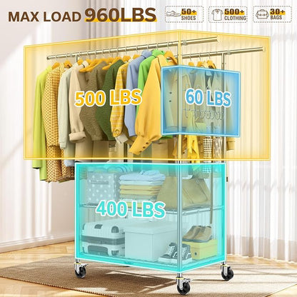 100% Stainless Steel Heavy Duty Clothes Rack, Load 960LBS, Double Rod, - Image 2