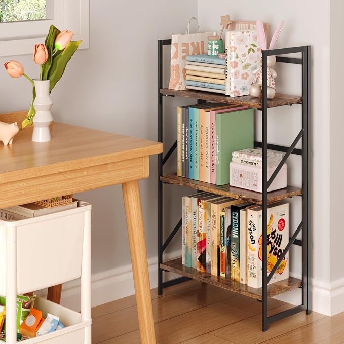 JSB No Assembly Folding Bookshelf, 3 Tier Industrial Metal Book Shelf - Image 4