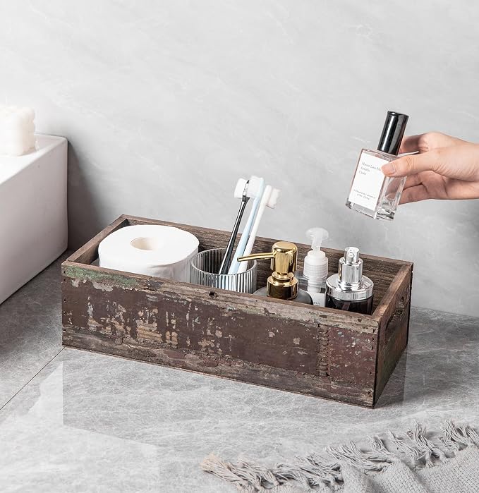 TIMRIS Farmhouse Distressed Wooden Storage Box, Rustic Bathroom Decor Box - Image 6