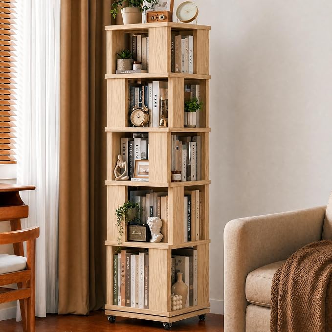 5 Tier Solid Wood Rotating Bookshelf Tower on Wheels, 360° Upgrade Spinning by Easyego