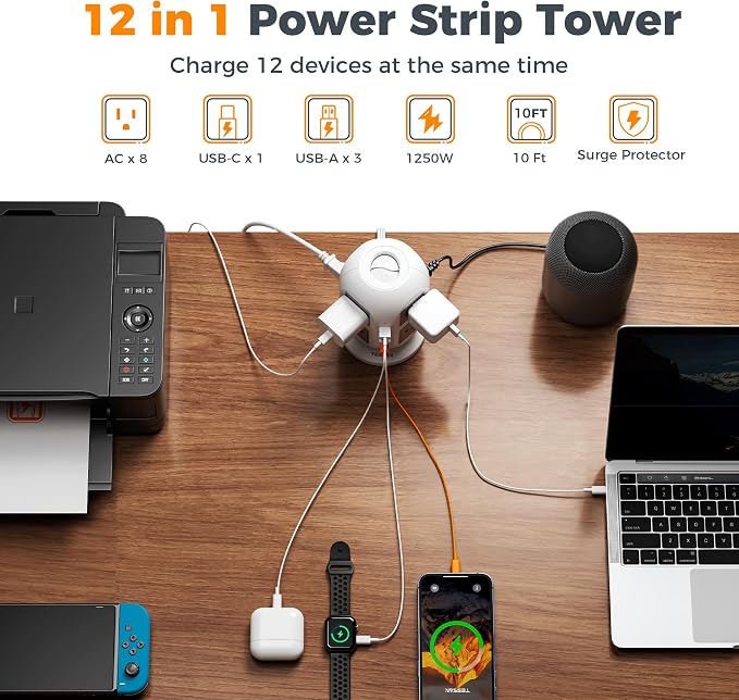 TESSAN Tower Surge Protector Power Strip 10 ft, Long Flat Extension Cord - Image 8