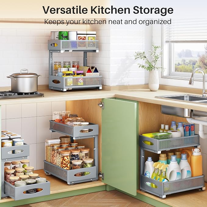 Under Sink Organizer, 2 Pack 2 Tier Pull out Cabinet Organizer Baskets - Image 8