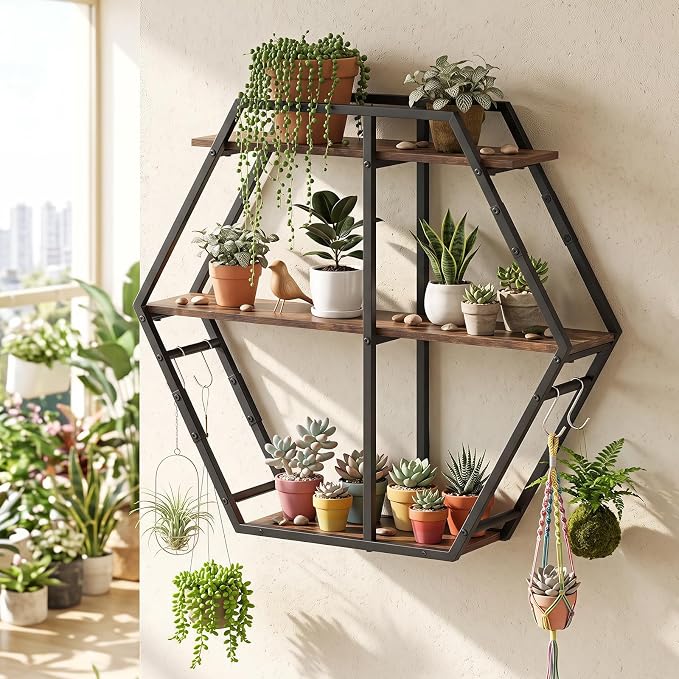 Tangkula Hexagon Wall Shelf, 3-Tier Geometric Bookcase - Image 4