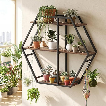 Tangkula Hexagon Wall Shelf, 3-Tier Geometric Bookcase - Image 4