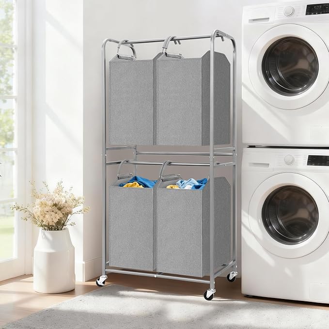 STORAGE MANIAC 4 Section Vertical Laundry Hamper, 2 Tier Laundry Sorter - Image 2