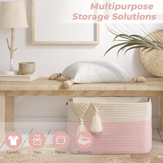 danpinera Woven Rectangle Storage Basket, Large Blanket Basket - Image 5