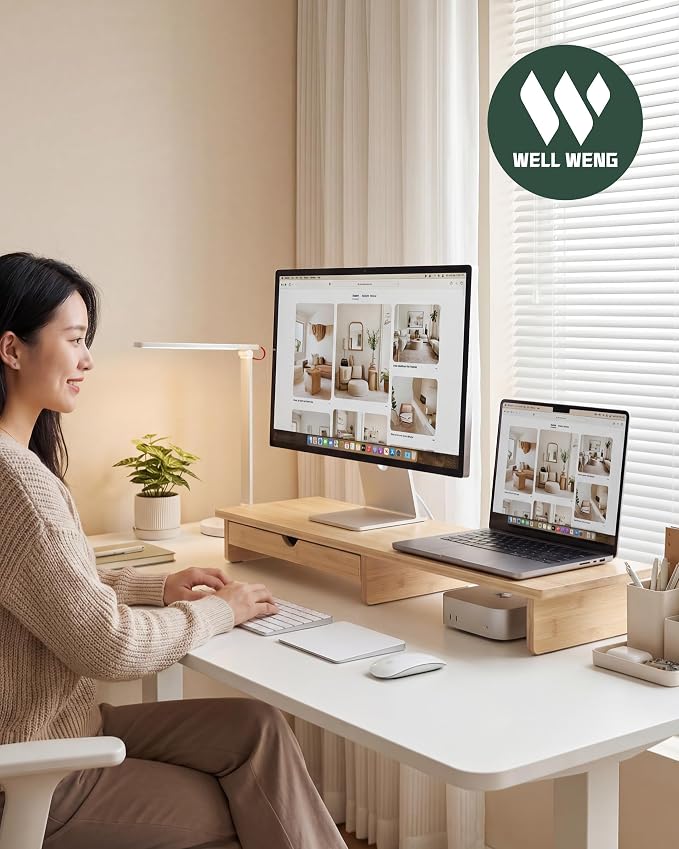 42” Monitor Stand with Large Drawer Keyboard Storage, Bamboo | Dual Computer - Image 2