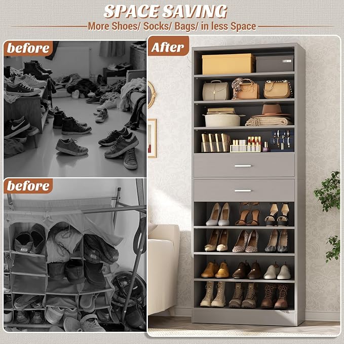 Aheaplus Tall Shoe Cabinet, 10 Tiers Wood Shoe Rack, Vertical Shoe Storage - Image 7