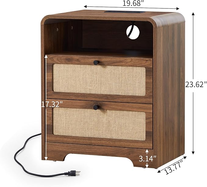 Set of 2 Night Stand with Charging Station, 19.7" Wooden Side Table Curved - Image 2