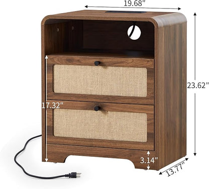 Set of 2 Night Stand with Charging Station, 19.7" Wooden Side Table Curved - Image 2