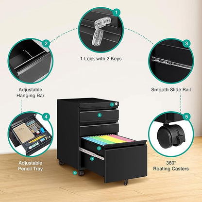 3 Drawer File Cabinet with Lock, Under Desk File Cabinet with Wheels, Three - Image 6