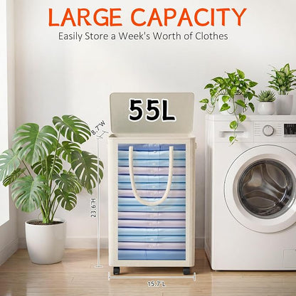 Slim Laundry Hamper with Wheels, 15 Gal Rolling Laundry Basket with lid and - Image 2