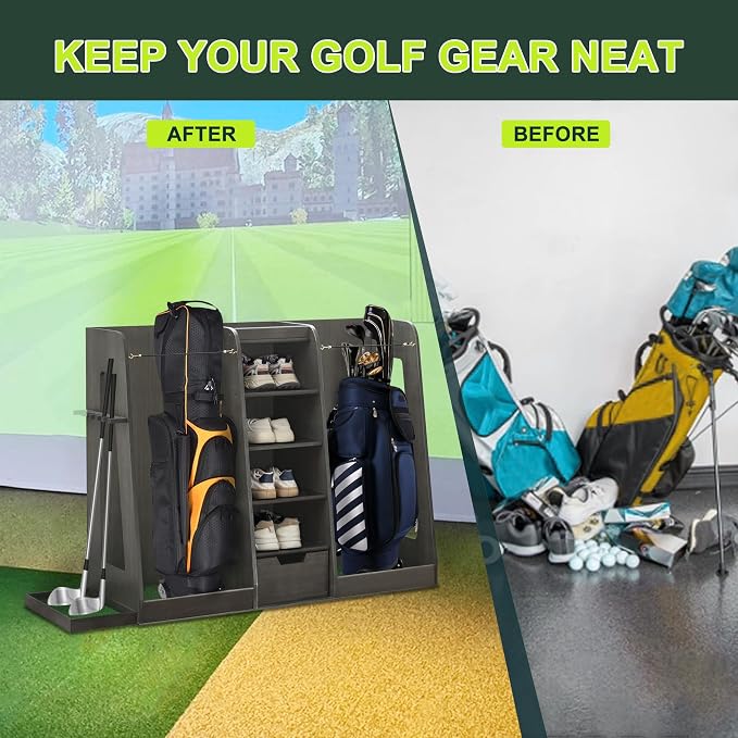 Wooden Golf Bag Storage Organizer Fits 2 Bags and Multiple Golfing Equipment - Image 6