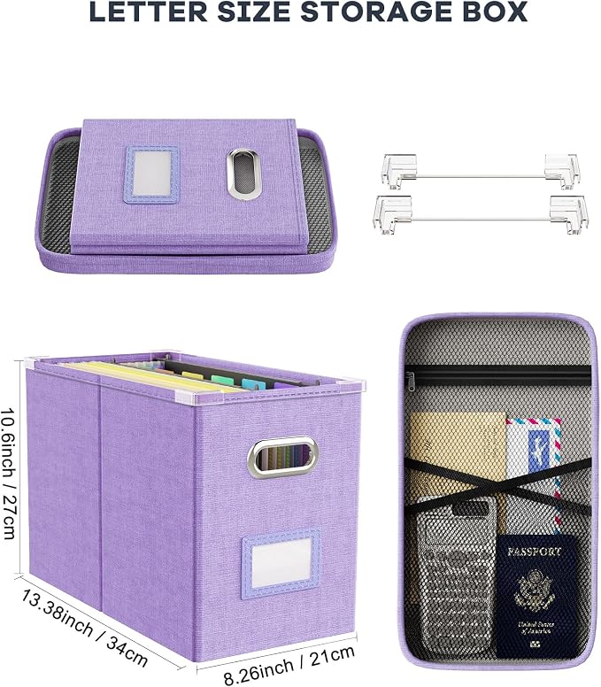 File Organizer Box with Lid, Hanging Filing File Box with Mesh Pocket, Document - Image 2