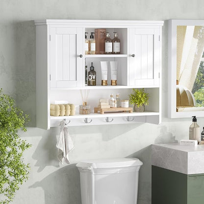 Bathroom Wall Cabinet with Doors and Hooks, 3-Tier Wall Mounted Cabinet | - Image 2