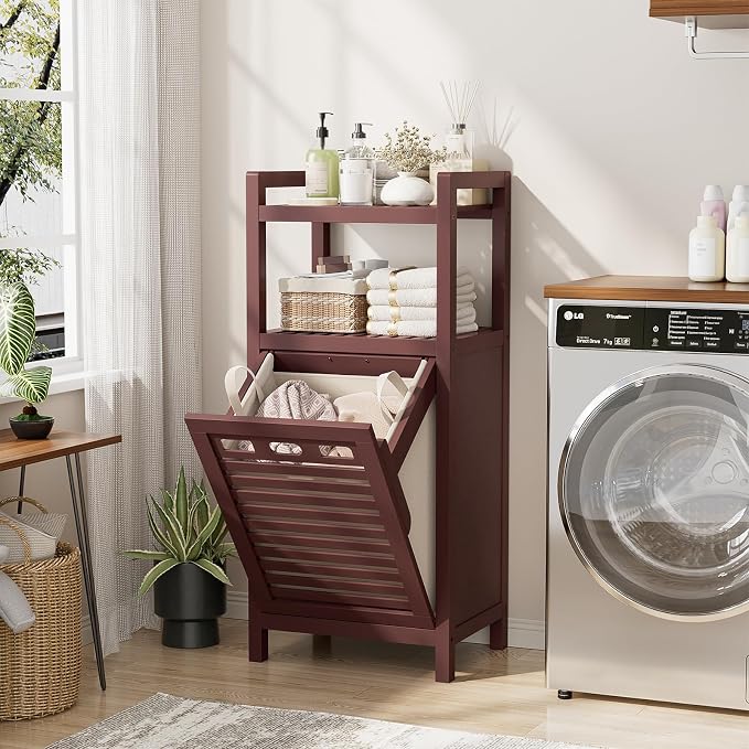 Homykic Tilt Out Laundry Hamper Cabinet, 10 Gal Bamboo Laundry Cabinet - Image 4