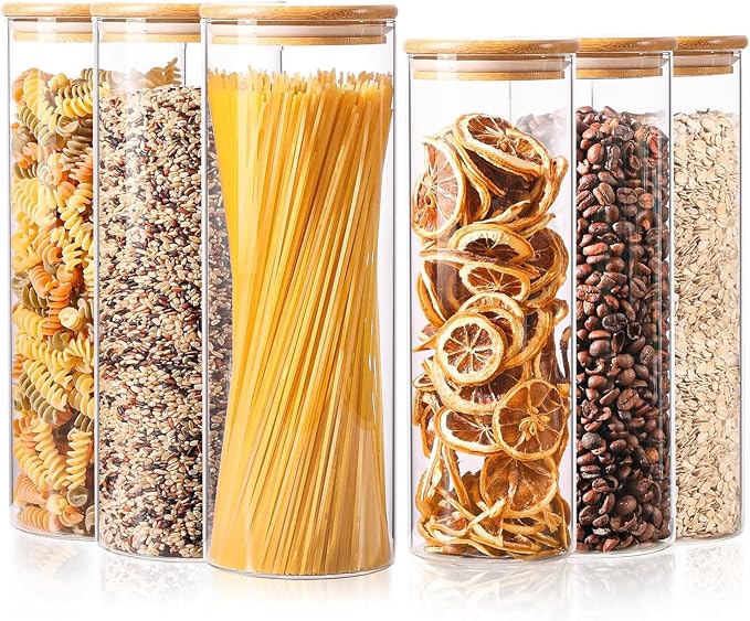 ComSaf Glass Food Storage Jars Set of 6, Tall Glass Storage Containers by ComSaf