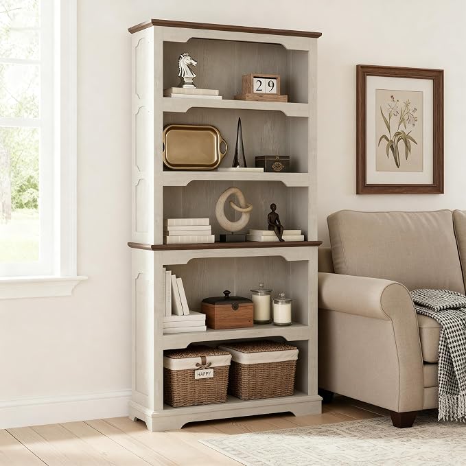 70 Inch Farmhouse Bookcase, Distressed White and Walnut Two-Tone Shelves - Image 5
