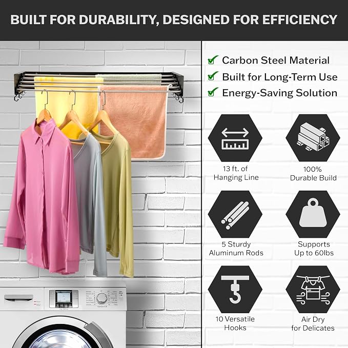 Wall Mounted Laundry Drying Rack, Retractable & Foldable, 31.5" Wide, 13.2 - Image 3