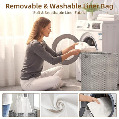 Woven Laundry Basket with Lid, Large Hamper with Removable and Machine-Washable - Image 4