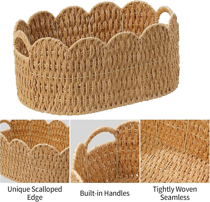 Paper Rope Scalloped Basket Set of 2, Woven Storage Baskets - Image 6