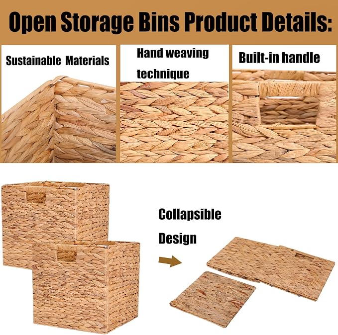 12x12x12 Inch Wicker Storage Basket Set of 2 Foldable Hyacinth Storage Box | - Image 6