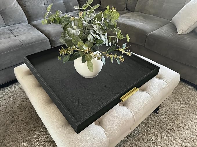 HofferRuffer Extra Large Square Serving Tray, Elegant Faux Leather Ottoman Tray - Image 6