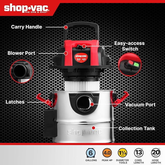 Shop-Vac 6 Gallon 4.0 Peak HP Wet/Dry Vacuum, Wall Mountable Compact Shop Vacuum - Image 6