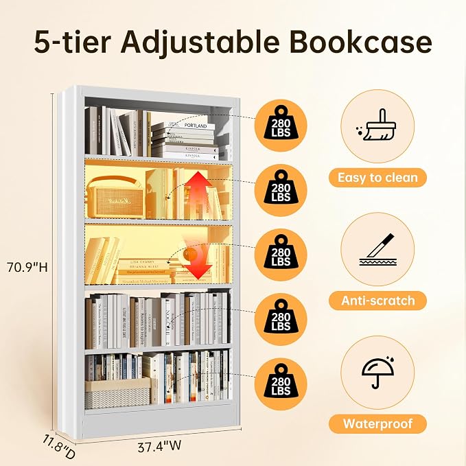 5-Tier Adjustable Bookcase, Heavy Duty Bookshelf - Image 2