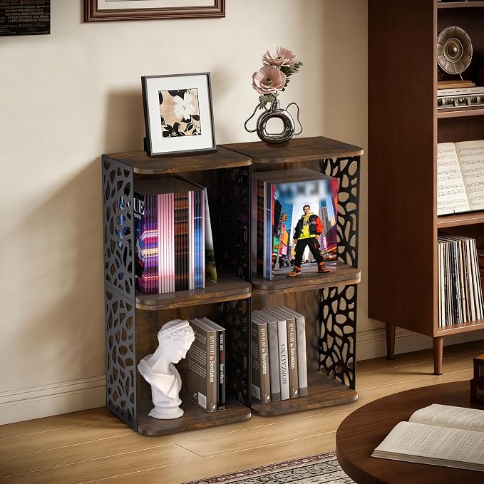 Modern Floor Magazine Rack & Holder, Rustic Wood Metal Organizer | 1 Cube - Image 4