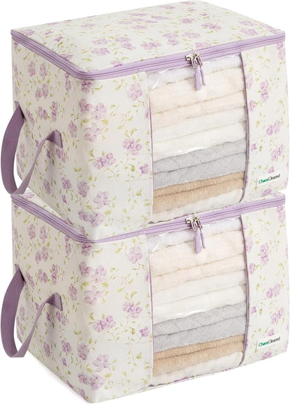 Designer Canvas Clothing Storage Bags 2 Pack Purple Floral Clothes Organizer by ChaosCleared