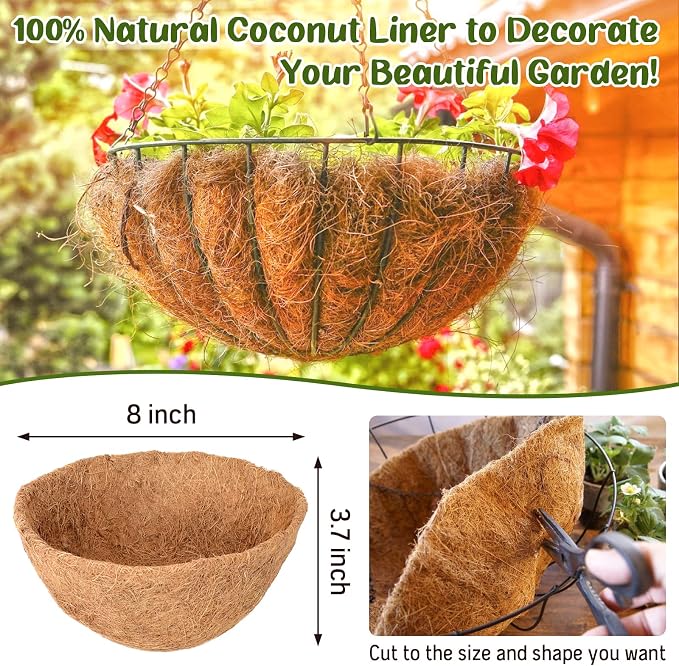 6 Pack 8 Inch Hanging Basket Coco Liners Replacement, 100% Natural Round - Image 3