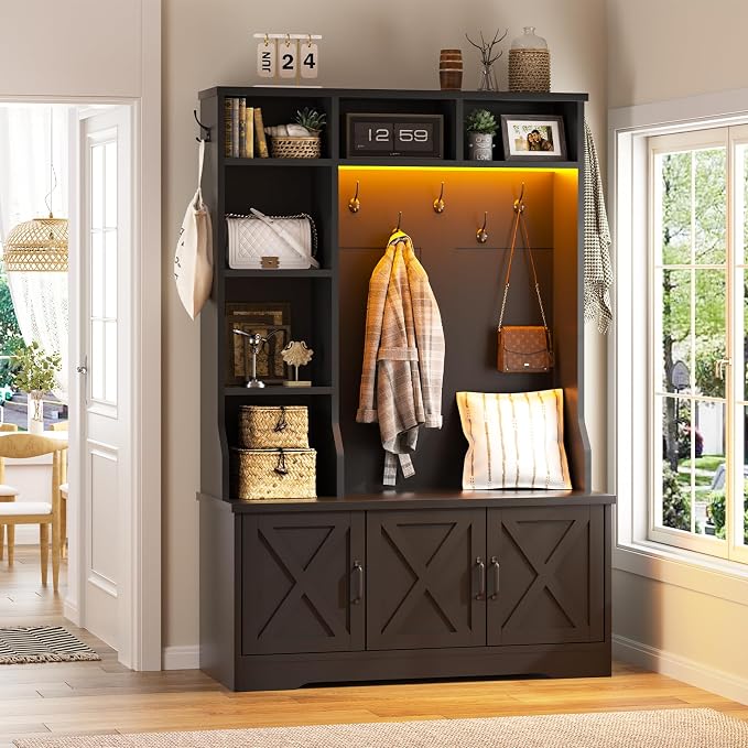 CSZZD Hall Tree with Bench and Shoe Storage, Farmhouse Entryway Bench with Coat - Image 8